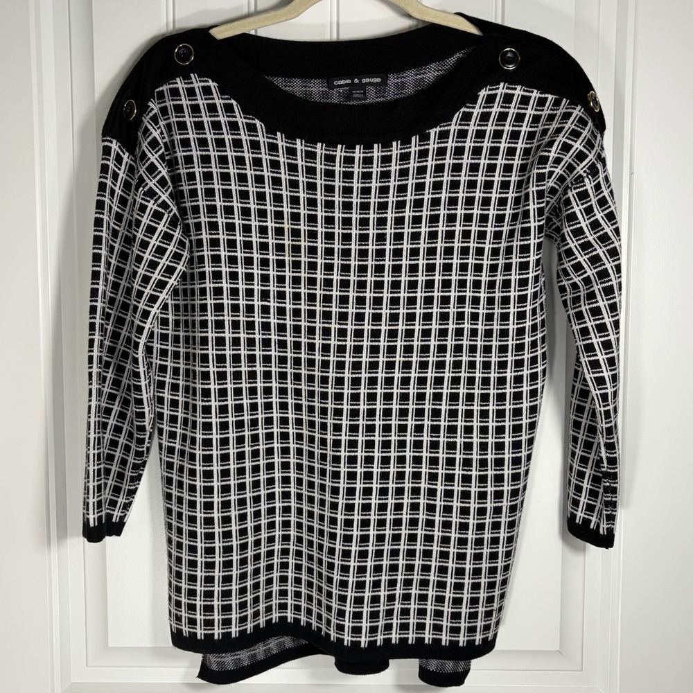 Cable & Gauge Black White Windowpane Knit Sweater Button Shoulder Women's Medium